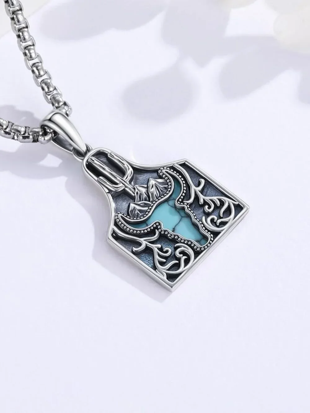 Women's Cow Tag Sterling Turquoise Pendant Highland Cow Skull Western Necklace